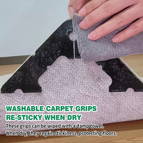 Close-up of 16 Pack Non Slip Carpet Tape and Rug Pads for Area Rugs on Hardwood Floors, showing corner piece in use on rug.