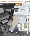 Before and after comparison showing Built Tough 3 Tier Printer Stand With Fabric Drawer Rolling Storage Cart For Heat Press Scanner Fax Clean Mobile Desktop Organizer Office Setup White.