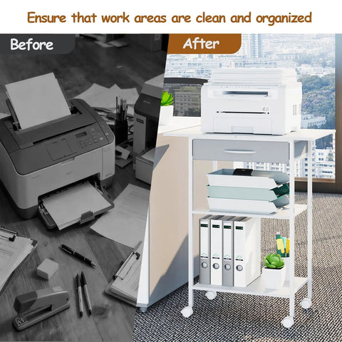 Before and after comparison showing Built Tough 3 Tier Printer Stand With Fabric Drawer Rolling Storage Cart For Heat Press Scanner Fax Clean Mobile Desktop Organizer Office Setup White.