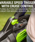 Close-up of the variable speed trigger with cruise control on the Heavy Hitter 80V Electric Leaf Blower With Brushless Motor, 730 CFM Airflow And 170 MPH Gust For Zero Fuss Yard Cleanup, Driveway And Patio Debris Blaster, Tool Only.