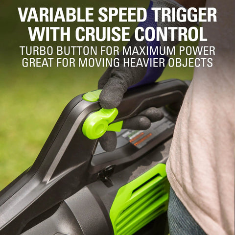Close-up of the variable speed trigger with cruise control on the Heavy Hitter 80V Electric Leaf Blower With Brushless Motor, 730 CFM Airflow And 170 MPH Gust For Zero Fuss Yard Cleanup, Driveway And Patio Debris Blaster, Tool Only.