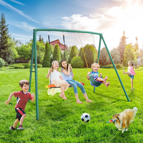 Heavy Duty 440lbs Capacity Backyard Swing Set With 2 Seats, Saucer And Belt Swings, Rugged A-Frame Metal Stand For Kids And Family Fun
