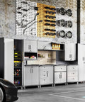 Garage Storage Cabinet System 5 Piece Workshop Set With Drawers Locking Heavy Duty Rolling Cart And Adjustable Shelves For Garage Tool Organization And Flexible Wall Tall Cabinet Configurations Boss Level Garage Setup, shown in a workshop with tools and car parts on wall