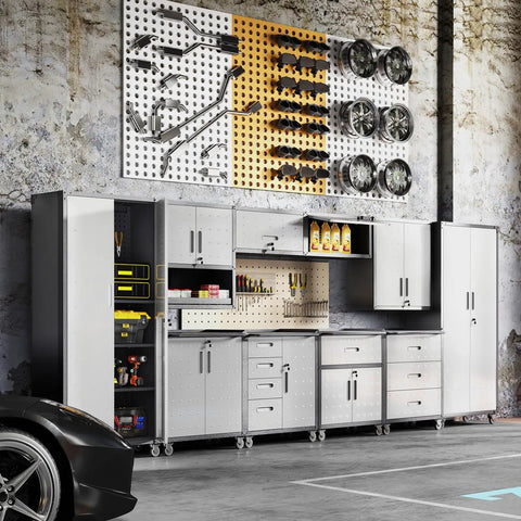 Garage Storage Cabinet System 5 Piece Workshop Set With Drawers Locking Heavy Duty Rolling Cart And Adjustable Shelves For Garage Tool Organization And Flexible Wall Tall Cabinet Configurations Boss Level Garage Setup, shown in a workshop with tools and car parts on wall