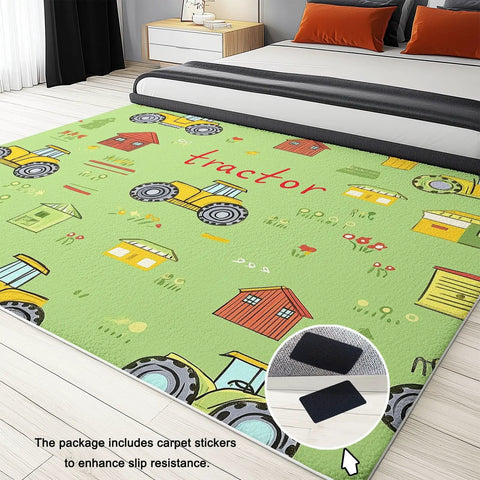 Ultra Soft 3x5 Ft Cartoon Farm Field Tractor Area Rug For Dining Room Bedroom And Living Room Stain And Water Resistant Non Slip Rug Pet And Kid Friendly Machine Washable Faux Wool Comfort With Low Profile 0.24 Inch Thick showing cartoon tractor and house design in a bedroom setting.