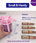 Pink Coin Roller Tube Set For Quick And Accurate Change Counting With Included Wrappers and measurements visible