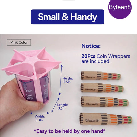 Pink Coin Roller Tube Set For Quick And Accurate Change Counting With Included Wrappers and measurements visible