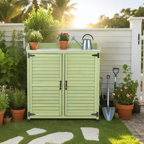 Outdoor Potting Bench With Metal Work Top And Cedar Wood Build, Waterproof Garden Storage Cabinet And Tool Station For Backyard Patio Lawn, 38 Inch By 18 Inch Work Surface, Backyard Must Have All In One Yard Organizer