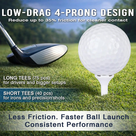 Two Size Golf Tees Pack 115 Count For Every Club With Three And A Quarter Inch And One And A Half Inch Tees Featuring Four Prong Low Resistance Design Oversized Heads Three Line Height Markings And Durable White Plastic Tees For Drivers Irons Hybrids