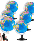 Six 3.4 Inch World Globes Set For Kids And Adults Educational Mini Desk Globes With White Stands Rotating World Map shown.