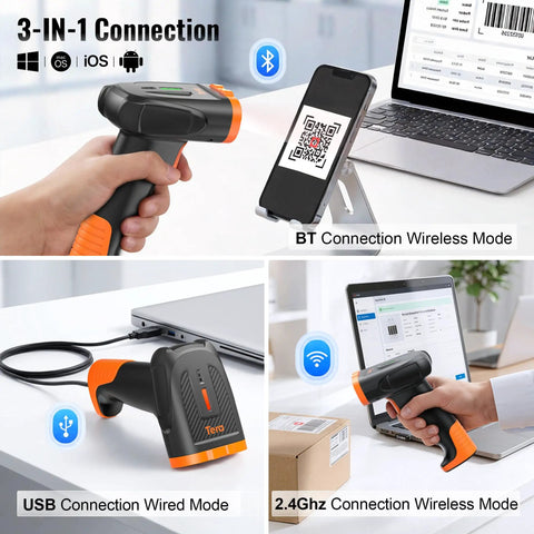 All-In-One Wireless Handheld Barcode Scanner With 2200mAh Lithium-Polymer Battery Bluetooth 2.4G Cordless USB Wired 1D 2D QR Code Reader For Retail Inventory Management Model D5300 showing 3-in-1 connection options.