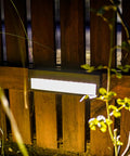 Low Voltage Outdoor Step Lights Kit 12V AC Landscape Stair Lighting 8 Pack, 6W LED Deck Lights With 122 Lumens, 3000K Warm White, shown mounted on a wooden fence at night, highlighting garden foliage.