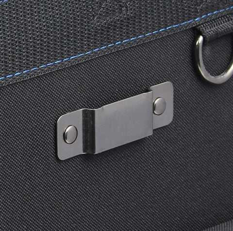 Detail of heavy duty professional tool carrier's sturdy metal clasp, designed for secure closure and easy access.