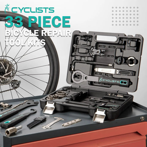 All In One 33 Piece Bike Tool Kit For Road And Mountain Bikes And E Bike Repairs Home Mechanic Friendly Repair Set with open case