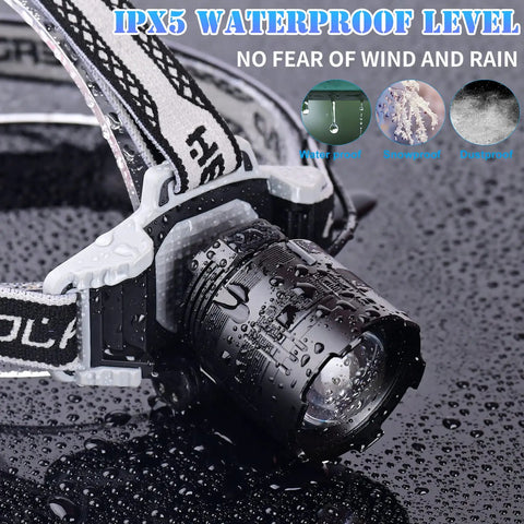 Rechargeable LED Headlamp With 5000 Lumens For Adults Four Modes Zoomable Digital Display Waterproof Red Light, wet surface