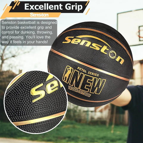 Outdoor And Indoor Rubber Basketball With Pump Official Size 7 29.5 Inch Ball high grip durable black and gold design