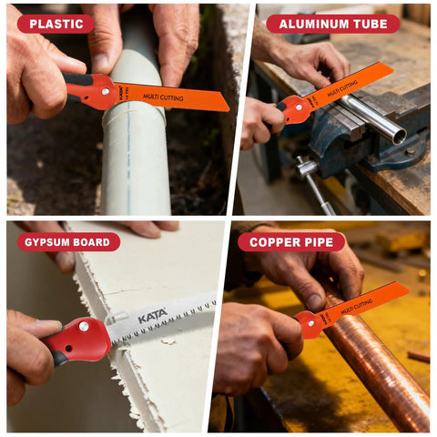 2 In 1 Folding Hand Saw For DIY Projects, Compact Drywall Cutter With Quick Change Multi Cutting Blade Hacksaw cutting various materials.