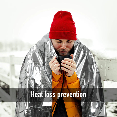Person in red hat using Emergency Silver Foil Mylar Blanket 12 Pack For Outdoors Hiking Survival Marathons And First Aid Kits Premium Quality Durable