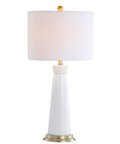 White And Brass Modern Ceramic Column Table Lamp With Gold Base, Sleek Bedside Light For Living Room Or Bedroom, White Linen Shade, LED Bulb Included, ETL Listed
