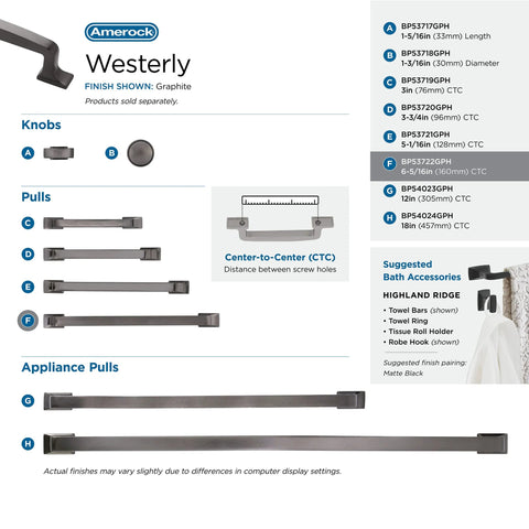 Westerly Graphite Cabinet Pull 6-5/16 Inch Center-To-Center, 7-9/16 Inch Overall Length, shown among other hardware varieties.