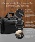 Underseat Duffle Bag for Travel Lightweight Carry On Personal Item That Fits Under Airplane Seat Weekender and Overnight Luggage Ideal for Men and Women Baseline Collection Black with nylon fiber, leather touch point, and large main compartment.