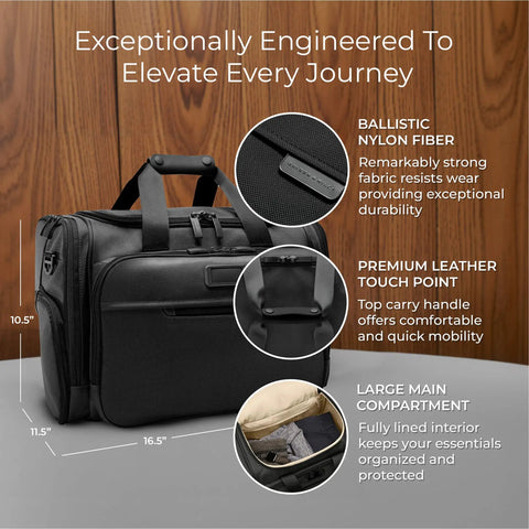 Underseat Duffle Bag for Travel Lightweight Carry On Personal Item That Fits Under Airplane Seat Weekender and Overnight Luggage Ideal for Men and Women Baseline Collection Black with nylon fiber, leather touch point, and large main compartment.