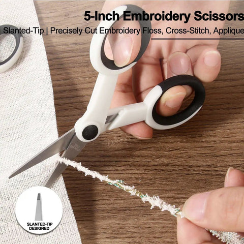Heavy Duty Sewing Scissors Set All Purpose 8 Inch Fabric Scissors, 5 Inch Embroidery Snips, 4 Inch Detail Scissors, 5 Inch Thread Snips For Sewing Quilting Tailoring Dressmaking Craft Projects 5-inch slanted-tip embroidery scissors cutting thread