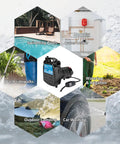 Image showcasing uses of Cast Iron Portable Electric Water Transfer Pump 120 Volt Half HP for pools, heaters, and irrigation.