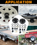4x4 Inch Trailer Hub Kit for 2000 Lb Straight Spindle 1 Inch or 1 and 1 Sixteenth Inch Fits 4 Bolt Idler Hubs shown with trailer wheels