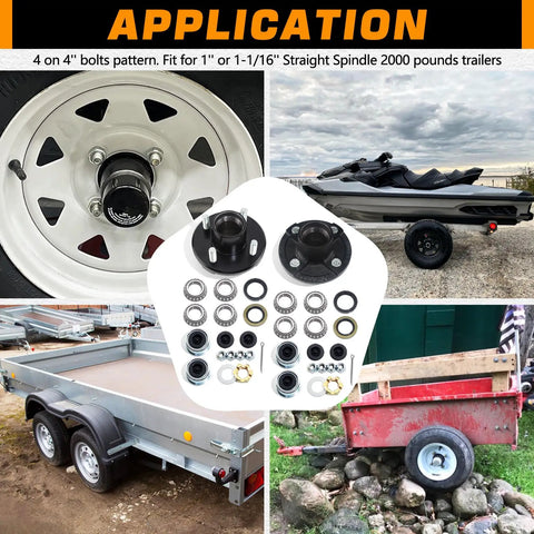 4x4 Inch Trailer Hub Kit for 2000 Lb Straight Spindle 1 Inch or 1 and 1 Sixteenth Inch Fits 4 Bolt Idler Hubs shown with trailer wheels