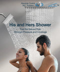 GRANDJOY 16" Dual Shower System with Handheld Spray, Brushed Nickel in a modern bathroom, featuring rainwater streams.