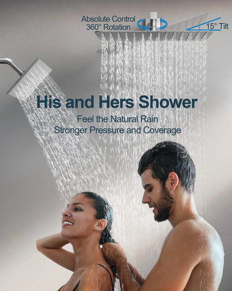 GRANDJOY 16" Dual Shower System with Handheld Spray, Brushed Nickel in a modern bathroom, featuring rainwater streams.