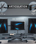 Height Adjustable 48 Inch Standing Desk Converter With Triple Monitor Mount showing articulation features and 360 degree rotation