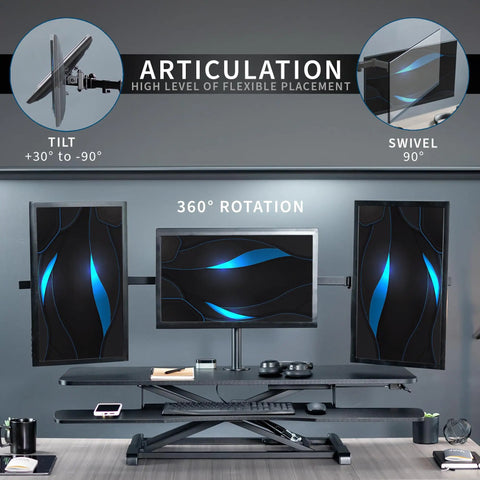 Height Adjustable 48 Inch Standing Desk Converter With Triple Monitor Mount showing articulation features and 360 degree rotation