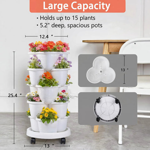 Five Tier Vertical Garden Planter With Wheels Self Watering Stackable Plant Stand featuring flowers and dimensions