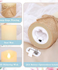 Flickering Flameless Candles Set Of 5 Battery Pillar Candles With Timer showing hemp rope and battery compartment close-up