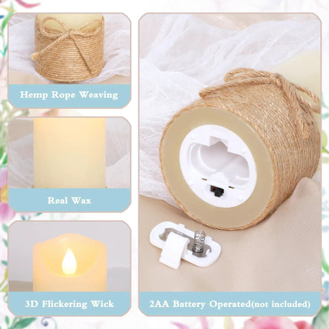 Flickering Flameless Candles Set Of 5 Battery Pillar Candles With Timer showing hemp rope and battery compartment close-up