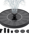 Black solar powered bird bath fountain with six nozzles for free standing floating water feature in garden pond or pool, 1.4W solar panel visible.