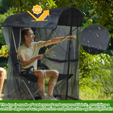 Man sitting in canopy chair under 63 Inch Mosquito Net Cover For Canopy Chair With Zipper Opening, 35 By 32 Inches Waterproof Roof.