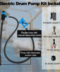 Electric Drum Pump kit includes flexible hose with nozzle, power adaptor, telescopic suction tube, 2in bung adaptor.