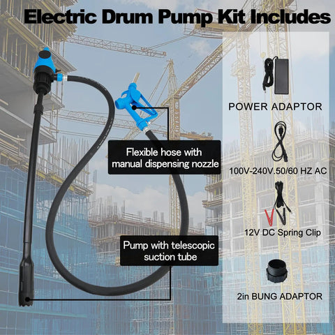 Electric Drum Pump kit includes flexible hose with nozzle, power adaptor, telescopic suction tube, 2in bung adaptor.