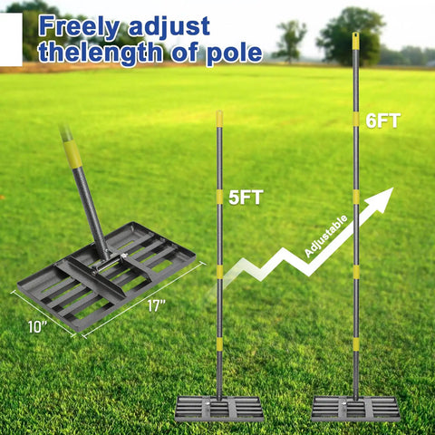 Heavy Duty Lawn Leveling Rake With A 6 Foot Handle That Makes Soil Smoothing A Breeze shown with adjustable 6ft handle on lawn