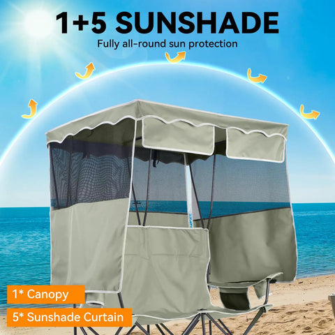 Double Camping Chair With Shade Canopy for Two People shown with side curtains and mesh on beach.