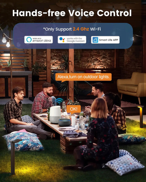 Group relaxing outdoors using WiFi Low Voltage Landscape Transformer With Dual Channels 300W Smart Life App Controlled Lighting.