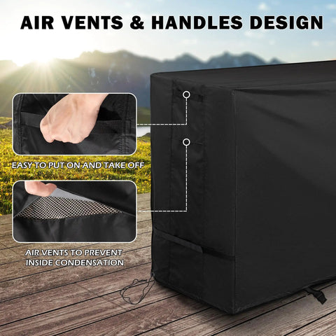 Durable 48 Inch Work Bench Table Cover For Garage And Outdoor Use All Weather Waterproof Heavy Duty Protective Cover For Workbench And Hardwood Tables Anti Tear 420D Oxford Fabric With Reinforced Stitching showing close-up of handles and air vents design.