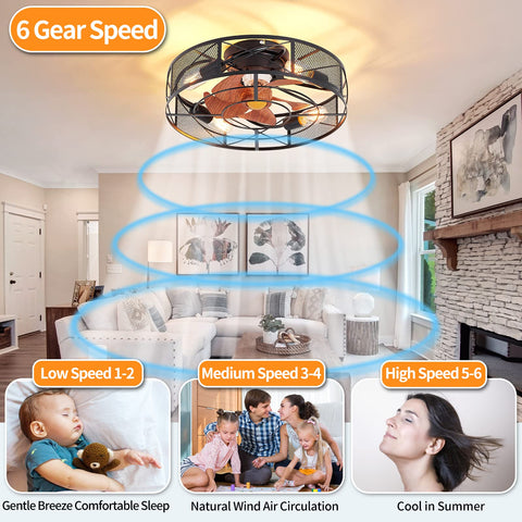 19 Inch Caged Ceiling Fan With Light Kit, Four Lights, Low Profile Flush Mount, 6 Speeds, living room illustration
