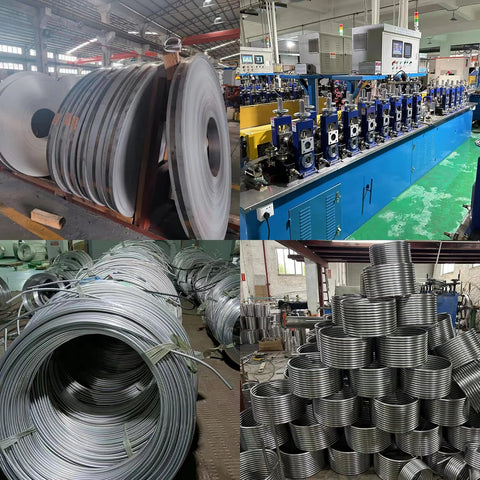 Stainless steel tubing coil, 3/16 in diameter x 25 ft, 304 welded tubing, shown with several coils and factory equipment.