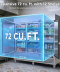 Rock Solid 72 Cubic Foot Commercial Reach In Fridge With Plug And Play Smart Wifi App Control showing interior with items and dimensions.