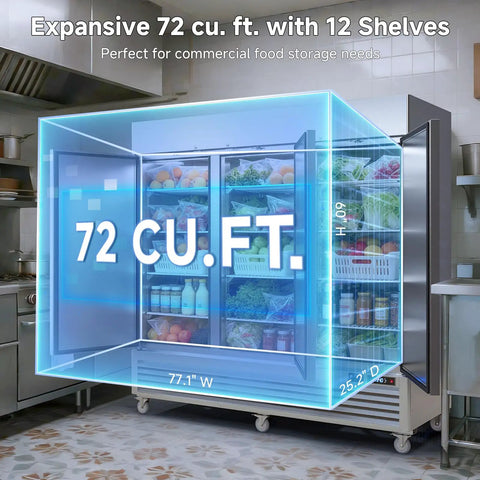 Rock Solid 72 Cubic Foot Commercial Reach In Fridge With Plug And Play Smart Wifi App Control showing interior with items and dimensions.