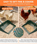 2-In-1 Chicken Coop Poop Scooper And Rake With 13-Inch Wider PP Head, showcasing front and back views in a farm setting.